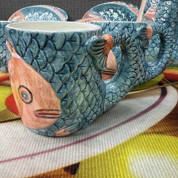 Vintage Rare 10 piece MCM Henriksen Majolica Fish Sculpture Iridescent Jug Pitch - Picture 3 of 12